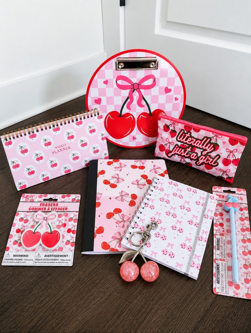Cherry-Print 8-Piece Stationery Set + Bag Charm - Home School Office Supplies